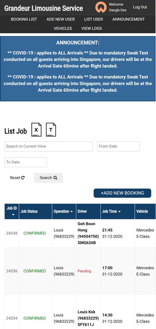 mobile screenshot of grandeur limo website booking listing