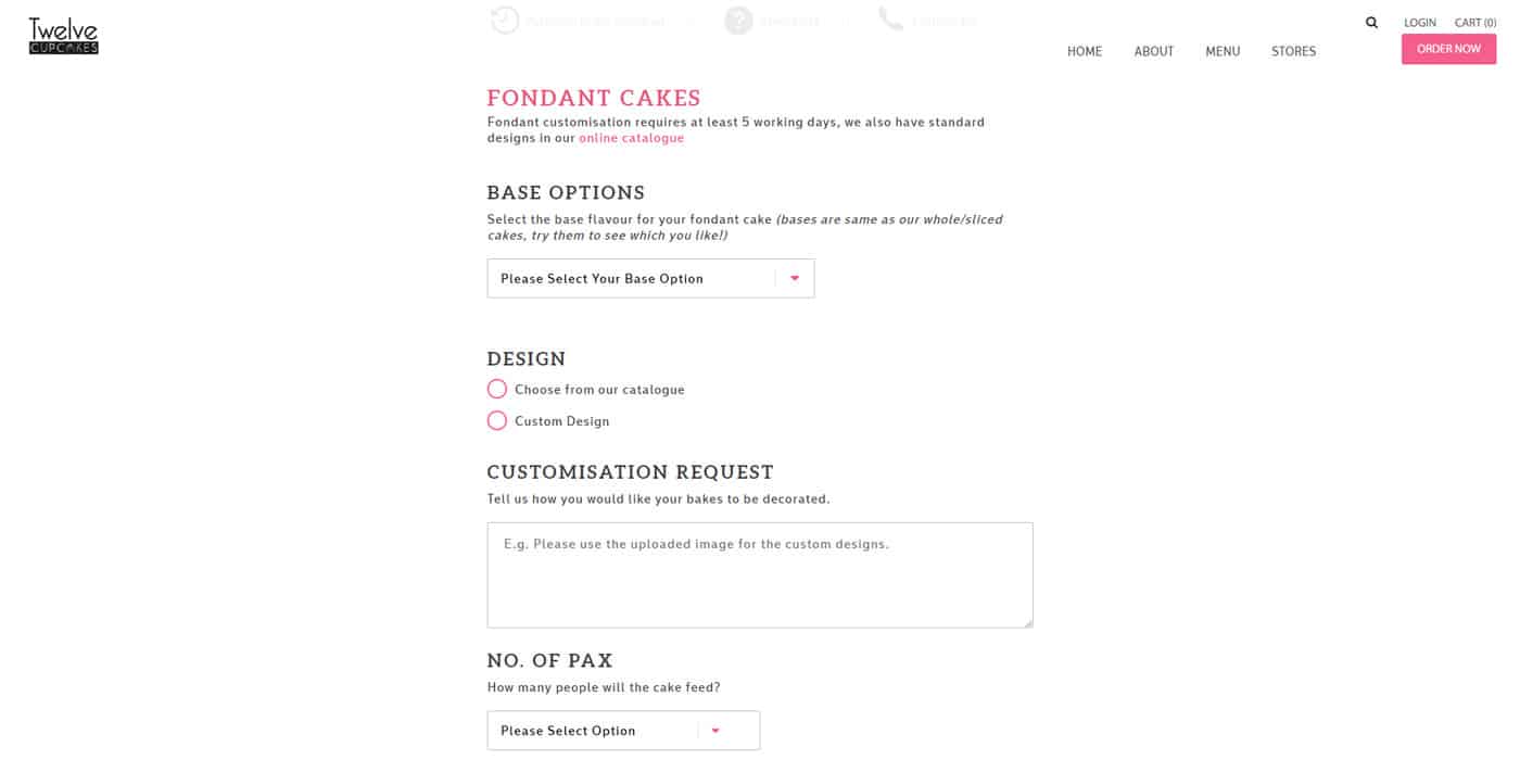 screenshot of twelve cupcakes website customisation form