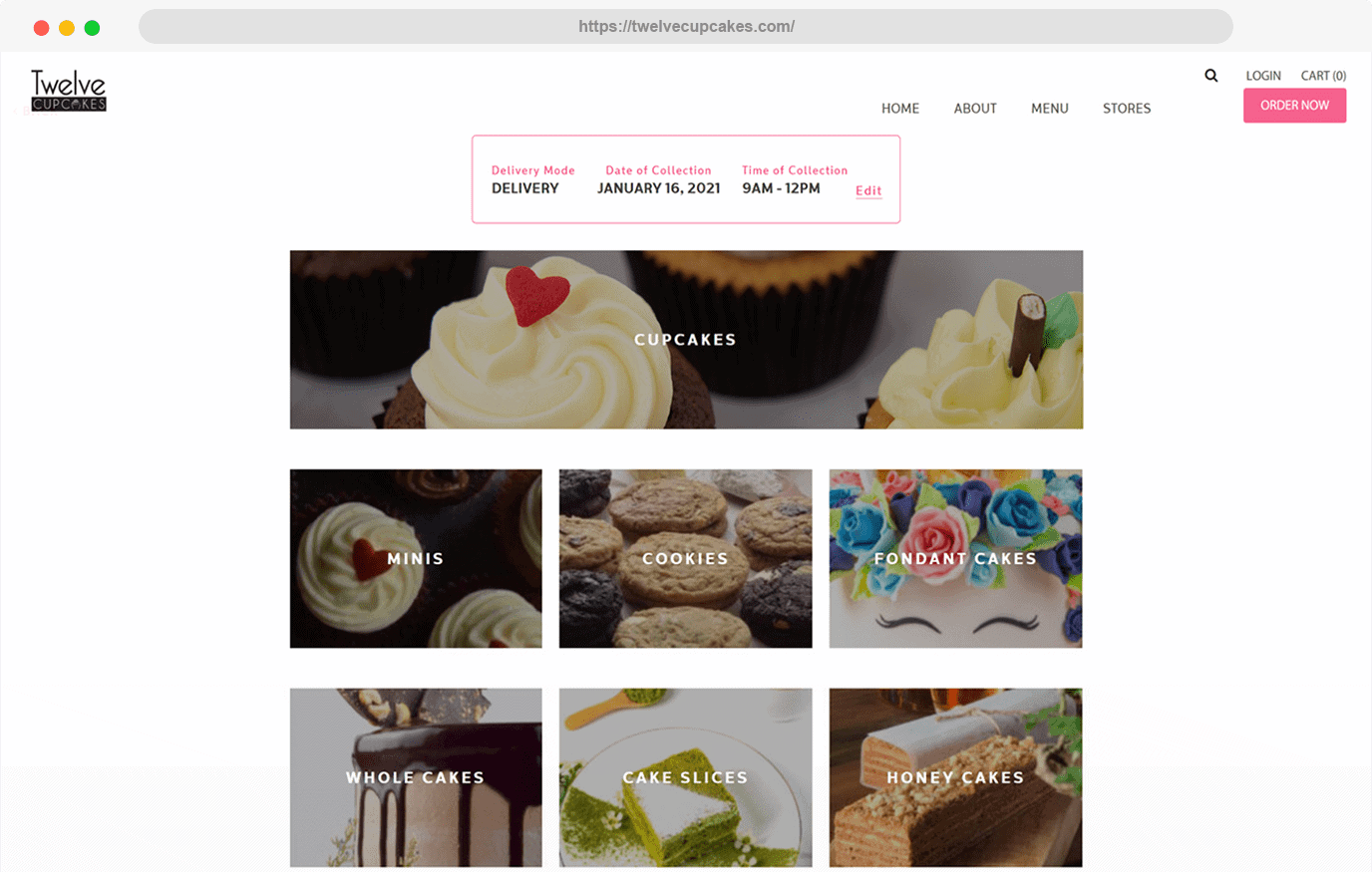 screenshot of twelve cupcakes website shop categories
