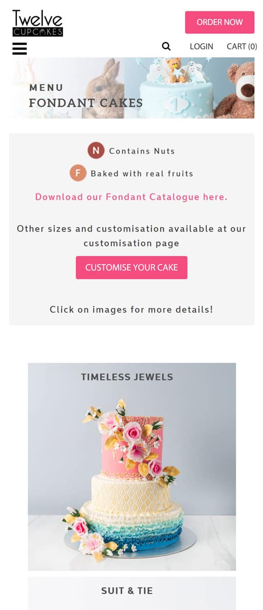mobile screenshot of twelve cupcakes website fondant cakes