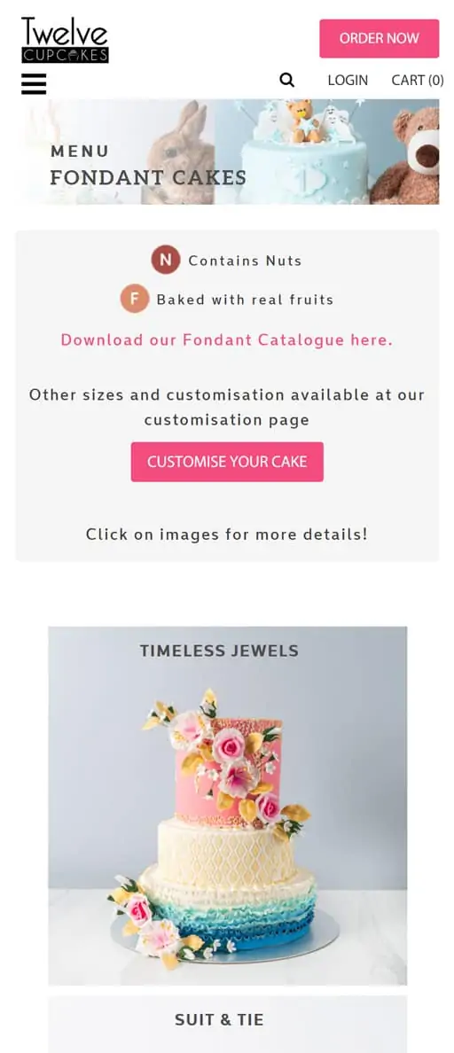 mobile screenshot of twelve cupcakes website fondant cakes