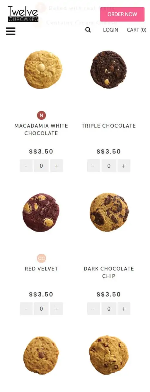 mobile screenshot of twelve cupcakes website cookies
