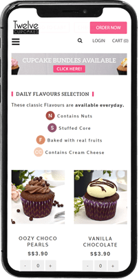 mobile mockup of twelve cupcakes website