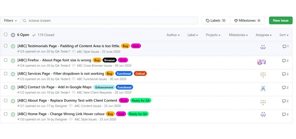 screenshot of example github issue tracking list