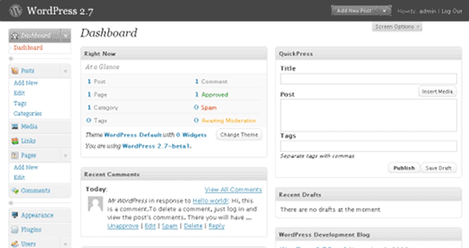 WordPress 2.7 Admin Dashboard
